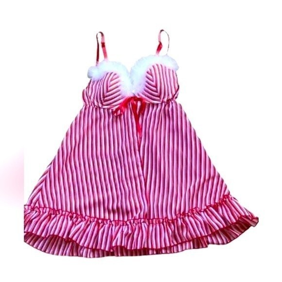 Inner Secrets Red White Stripe Feather Trim Babydoll Nightie Lingerie Sz S - Picture 2 of 12